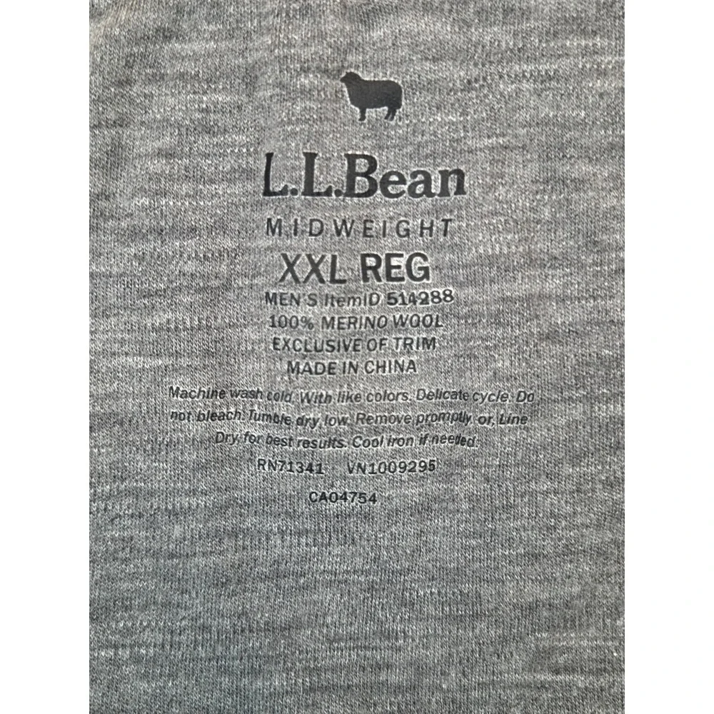 LL Bean Mens XXL Gray 100% Merino Wool Midweight Base Layer Pants 514288